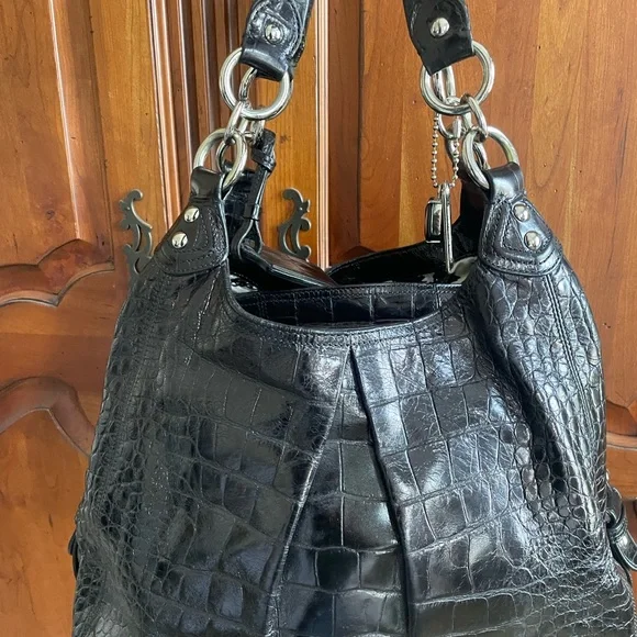 Coach Black Crocodile-Embossed Leather Shoulder Bag - Picture 2 of 7